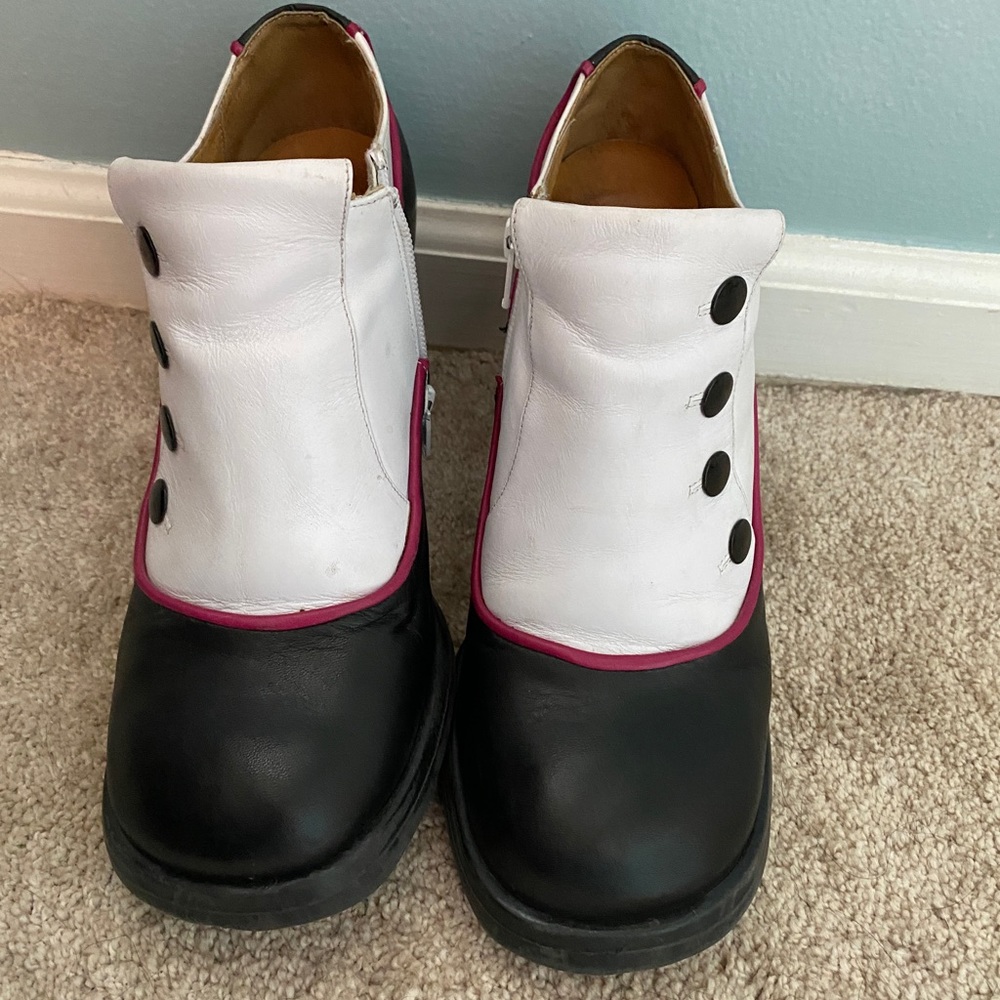 John Fluevog Minis Spats size 9.5 women’s. Black white and pink. Lightly worn.